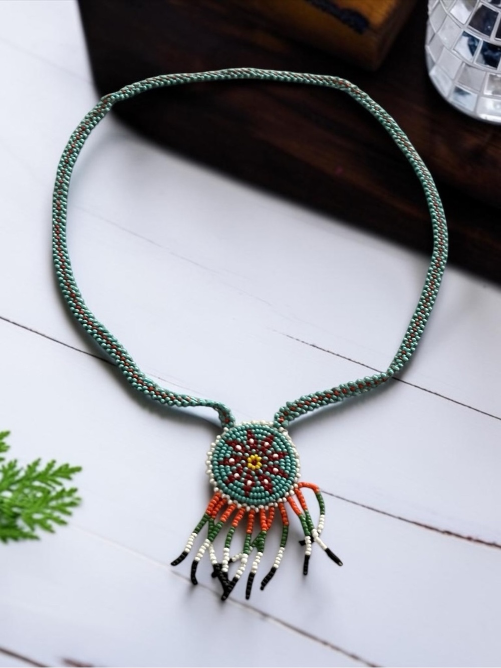 Handmade Turquoise Seed Bead Fringe Necklace - Artisan Women’s Jewelry - Picture 2 of 4